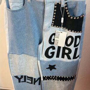 Trendy Patchwork Flare Jeans with Studded Accents